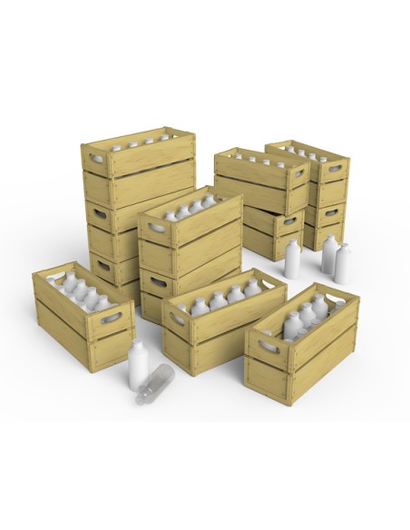 MILK BOTTLES & WOODEN CRATES