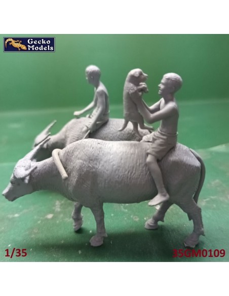 60'-70's Vietnamese Children, Puppy And Buffalo Set